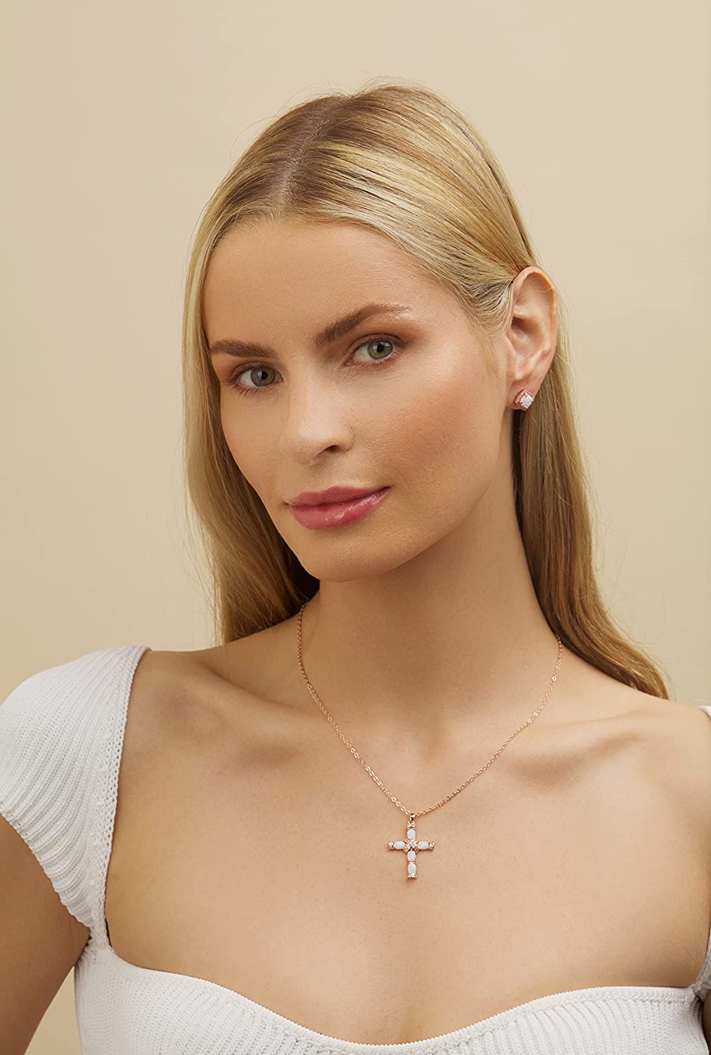 Rose Gold & White Gold Plated Created Opal Cross Chain With Pendant E3598