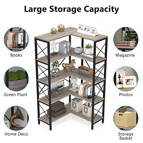 5-Shelf Corner Bookshelf with Metal Frame Grey J824060