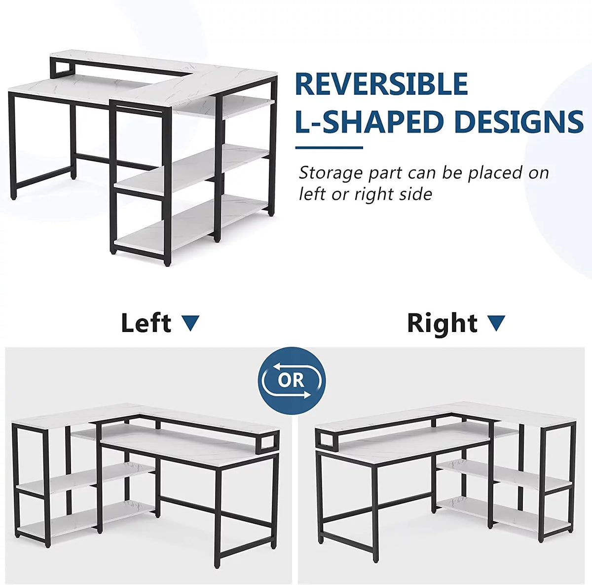 Reversible L Shaped Desk with Hutch and Open Shelves D53683