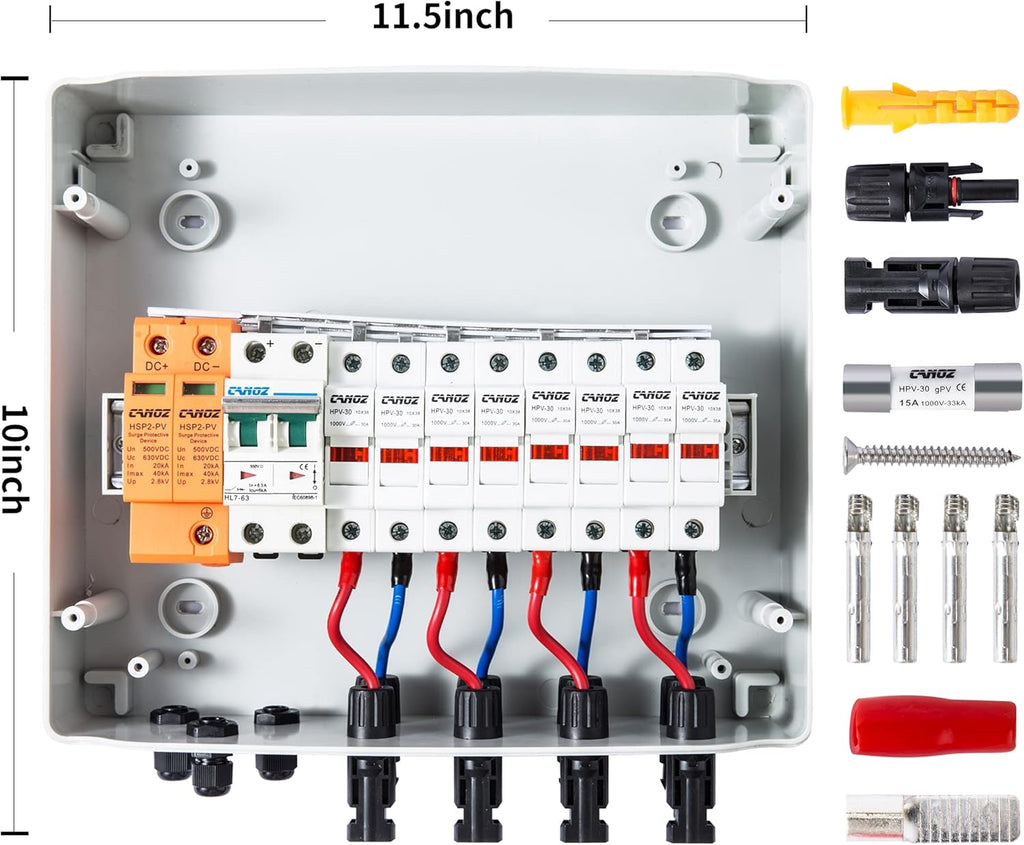 4 String PV Combiner Box with 15A Fuse, 63A Circuit Breaker, Surge Protector and MC4 Connectors G27817