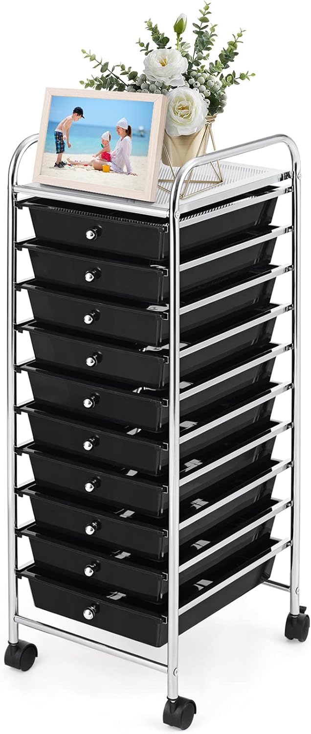 Black Rolling Drawer Cart with 10 Drawers, Metal Frame G575