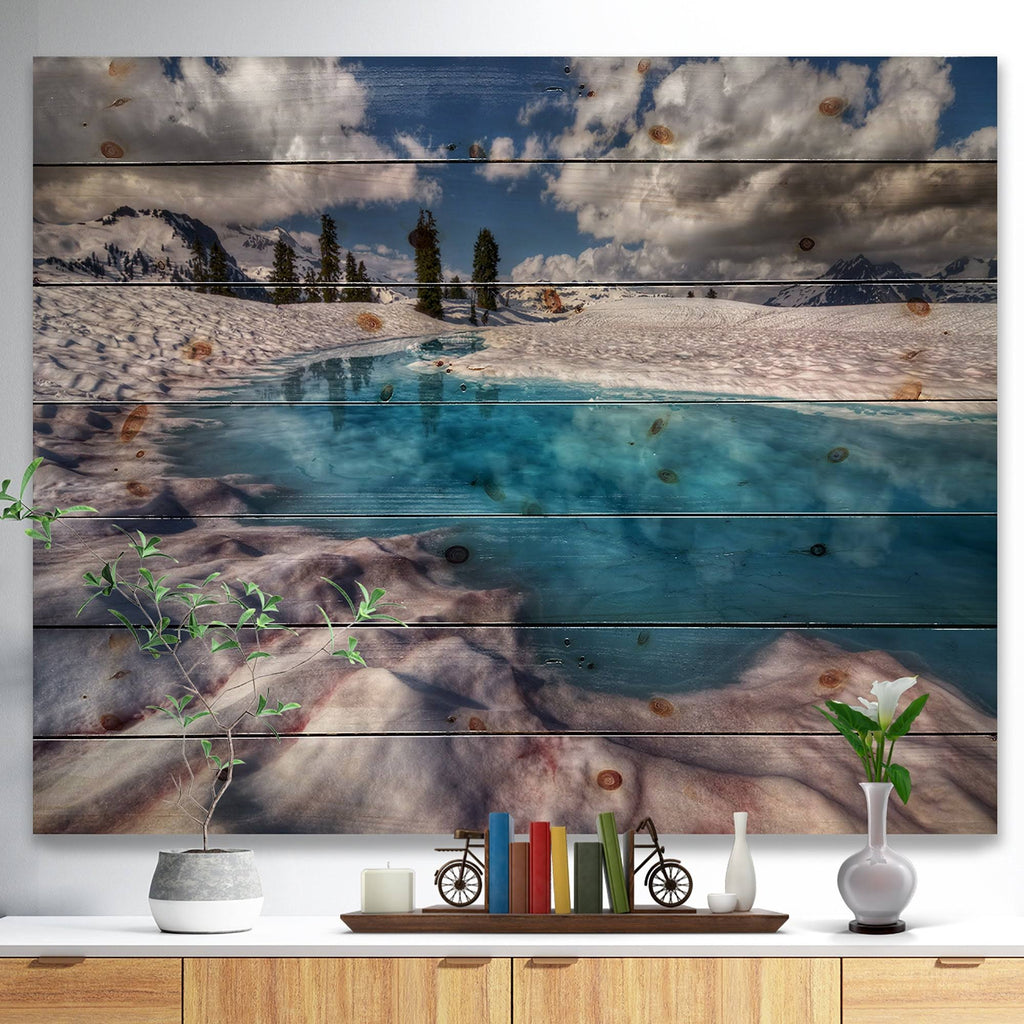 Blue Melt Lake in Fog Landscape Print on Natural Pine Wood 40 in. Wide x 30 in. High L6708