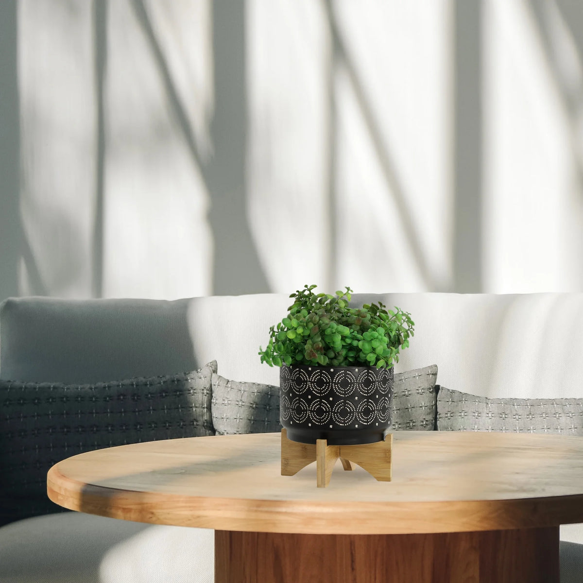 Black Round Ceramic Swirl Planter On Stand E9436