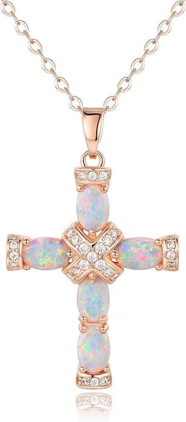 Rose Gold & White Gold Plated Created Opal Cross Chain With Pendant E3598