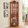 Oak Lighted Wooden Corner Display Curio Cabinet with Tempered Glass Doors C42961