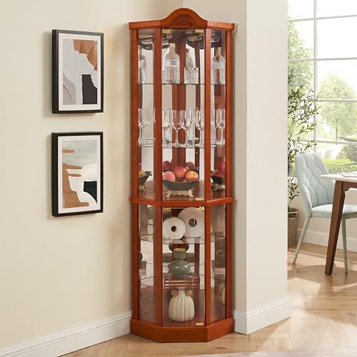 Oak Lighted Wooden Corner Display Curio Cabinet with Tempered Glass Doors C42961