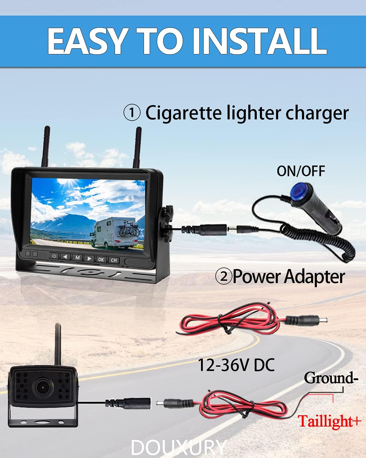 Wireless Backup Camera IP69 Waterproof 170° Wide View Angle HD 1080P with 7 Monitor V285