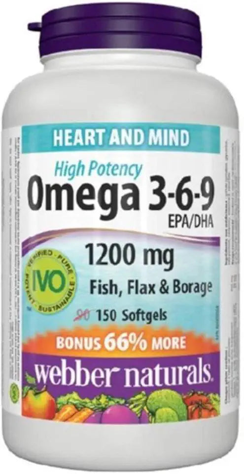 Omega 3-6-9 1200 mg Fish, Flax & Borage 150 Softgels W8667