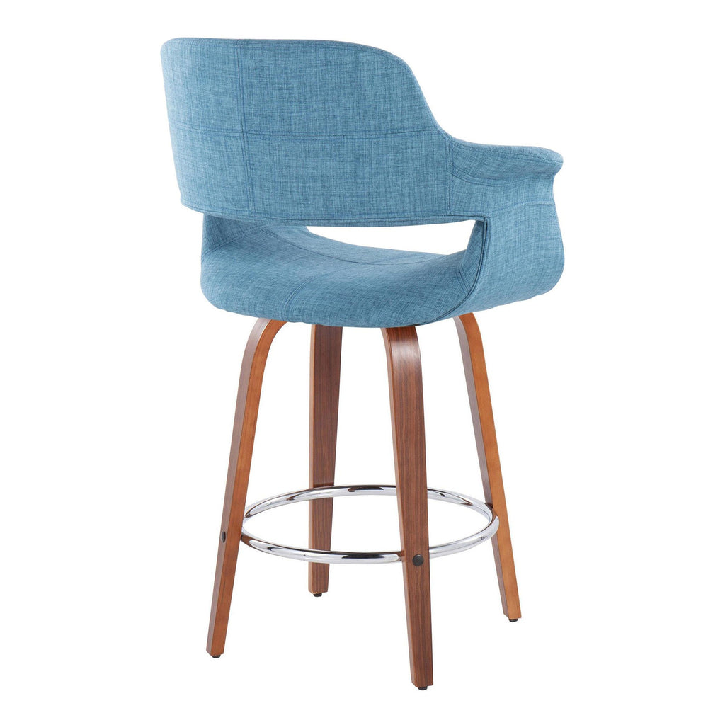 26" Mid-Century Modern Counter Stool with Swivel in Walnut Wood and Blue Fabric with Round Chrome Metal Footrest - Set of 2 V572
