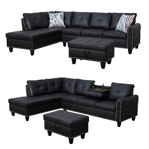 97" L Shaped Faux Leather Sectional Sofa with Storage Ottoman X487