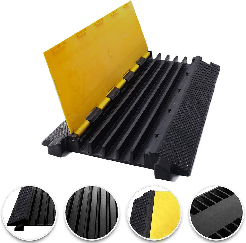 36x20x2” 5 Channel Rubber Cable Protector with Yellow Flip-Open Top Cover V54876
