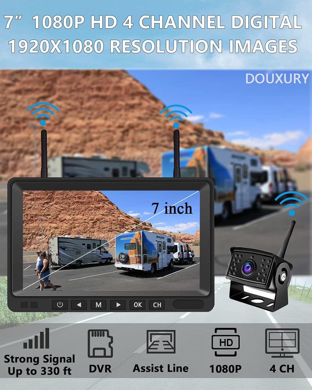 Wireless Backup Camera IP69 Waterproof 170° Wide View Angle HD 1080P with 7 Monitor V285
