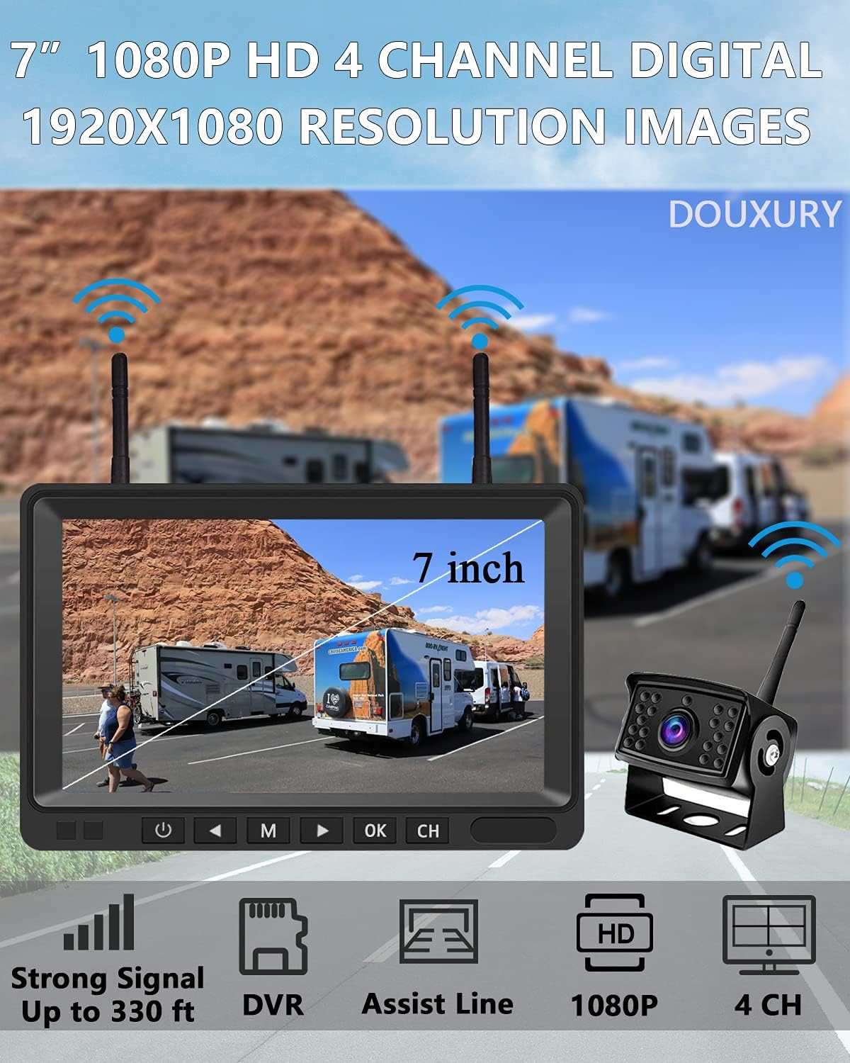 Wireless Backup Camera IP69 Waterproof 170° Wide View Angle HD 1080P with 7 Monitor V285