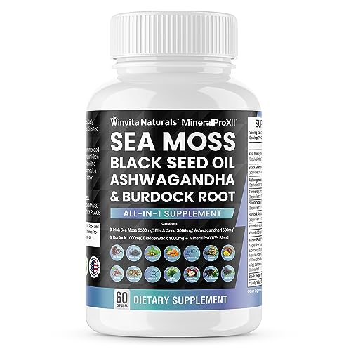 Sea Moss Black Seed Oil Ashwagandha Turmeric Bladderwrack Burdock Vitamin C & D3 Vegan Caps T6285