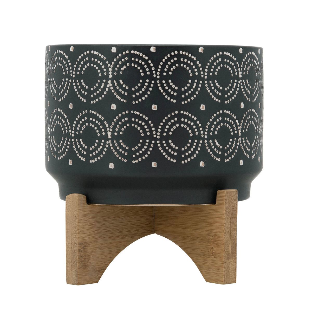 Black Round Ceramic Swirl Planter On Stand E9436