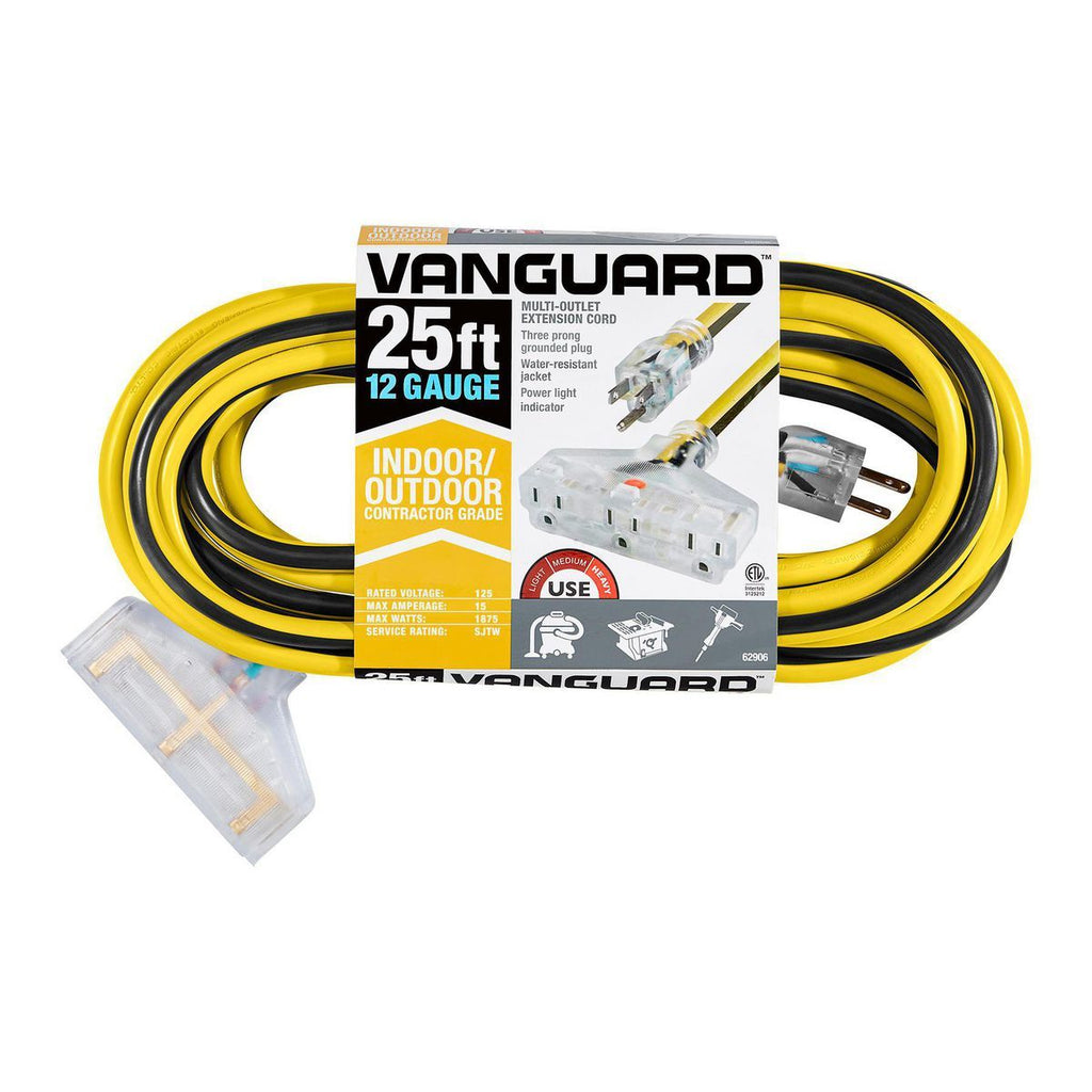 25 ft. 12/3 Gauge Multiple Outlet Extension Cord with Indicator Light, Yellow, Black X974