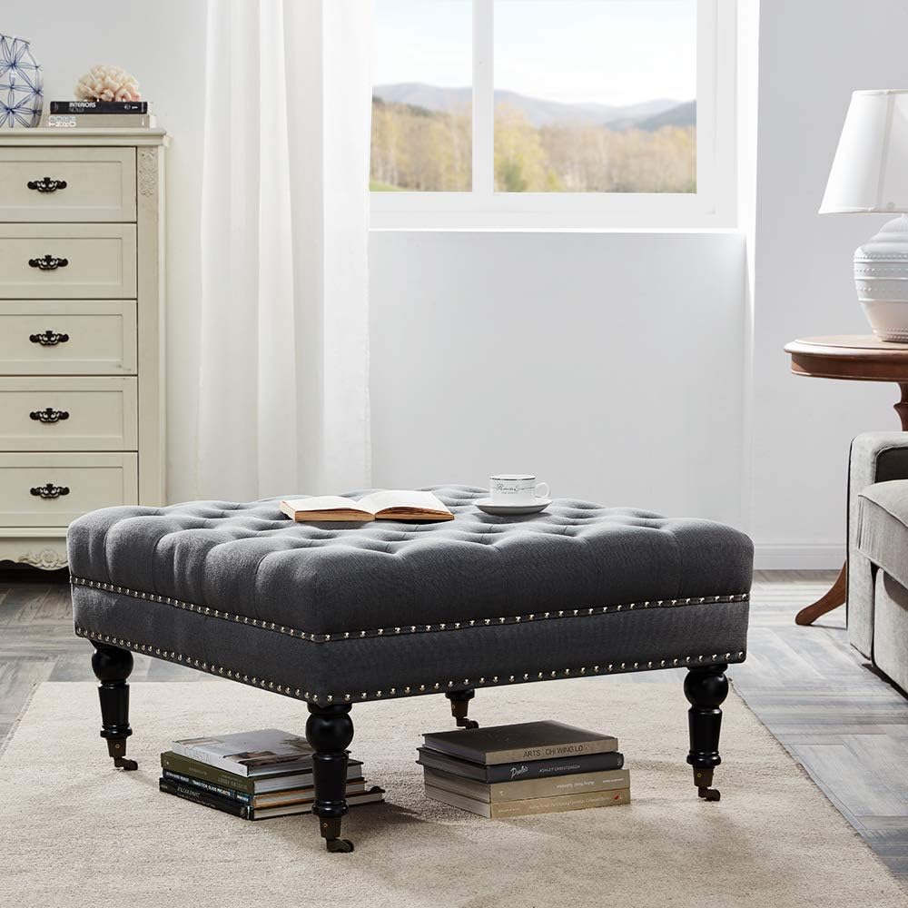 Gray Linen Ottoman with Caster Wheels O314