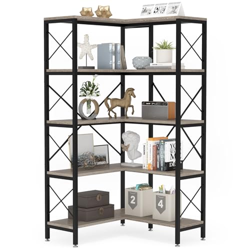 5-Shelf Corner Bookshelf with Metal Frame Grey J824060