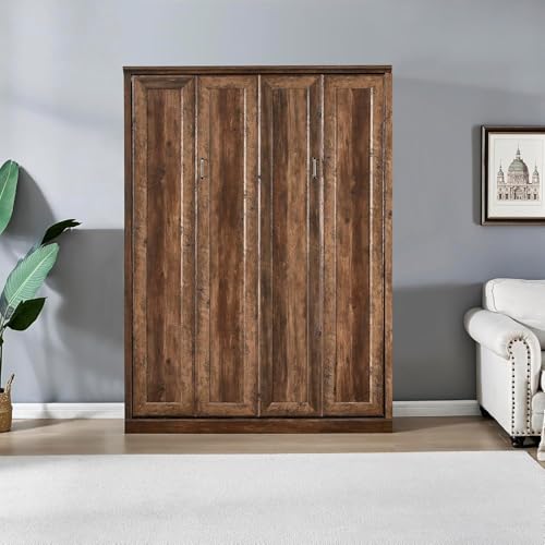 Queen Size White Wood Murphy Bed with Storage Bookcase Shelves S723507