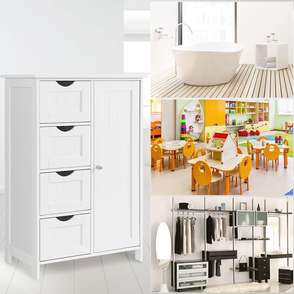 White Wooden Floor Storage Cabinet with 1 Door & 4 Drawer O1828