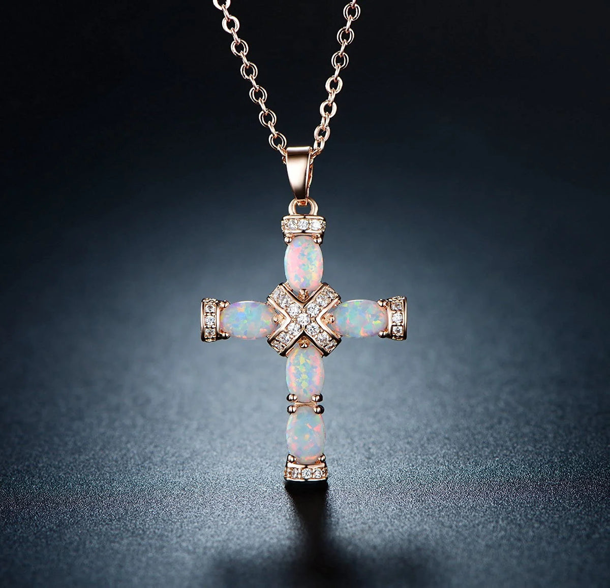 Rose Gold & White Gold Plated Created Opal Cross Chain With Pendant E3598