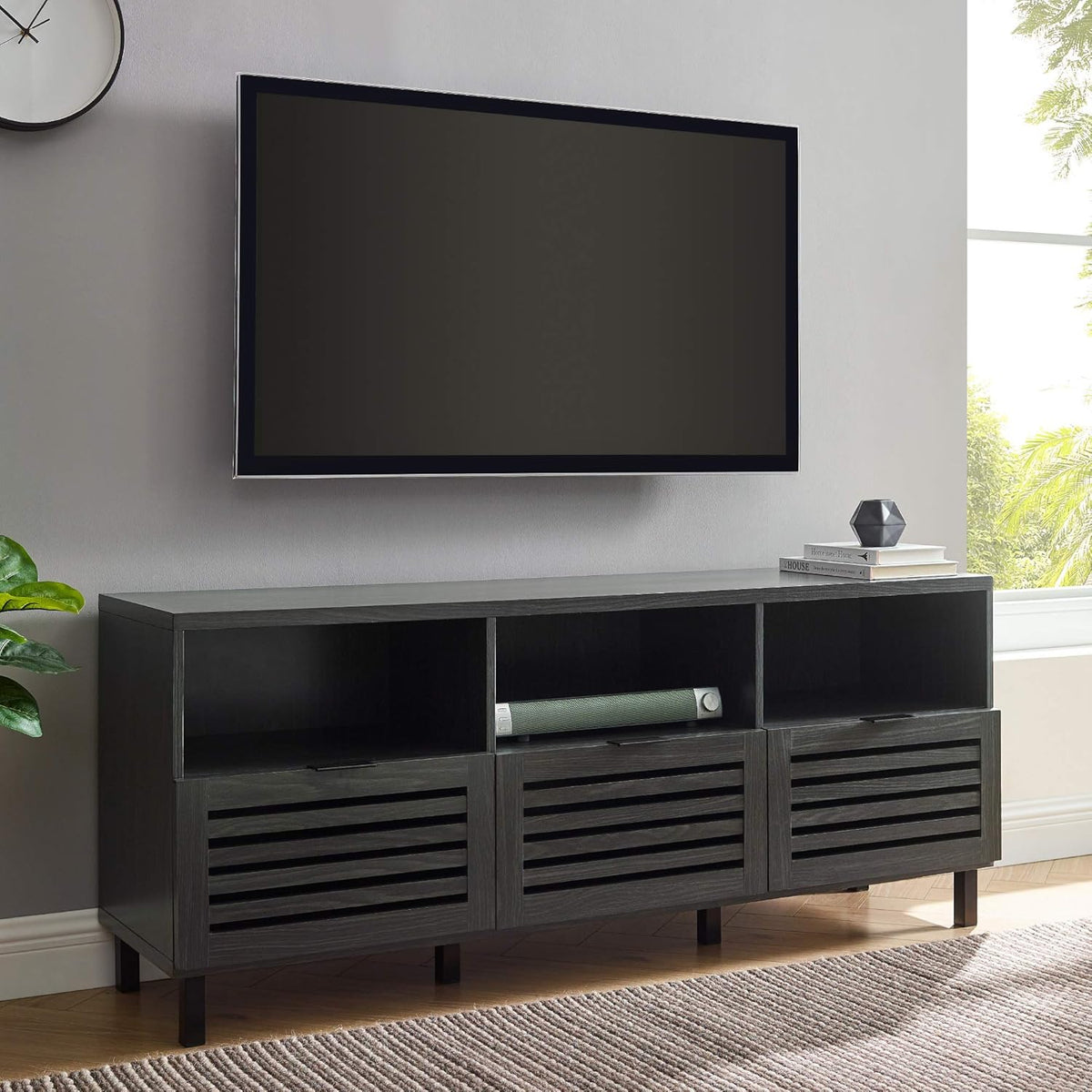 Modern Wood TV Stand with Slat Doors, 58 Inch, Dark Walnut F99735