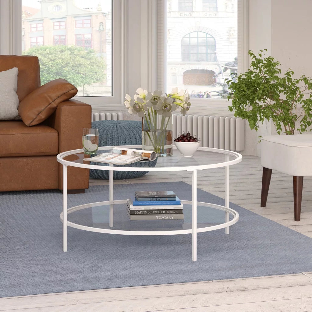 White Glass Round Coffee Table with Shelf T6945