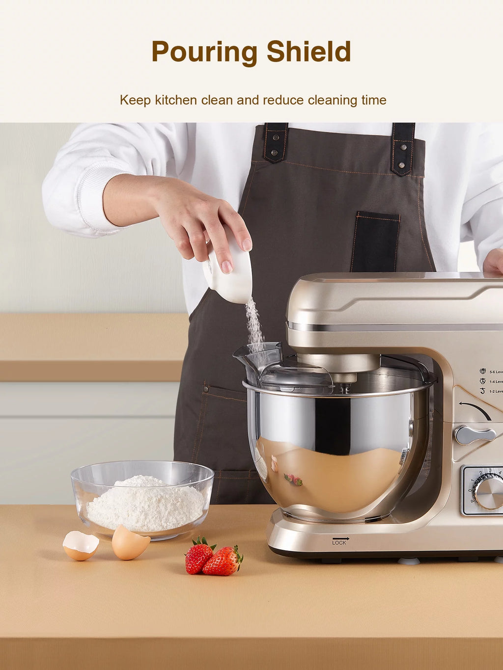 5.5QT Tilt-Head Stand Mixer with Dough Hook, Whisk & Beater, Gold L4304