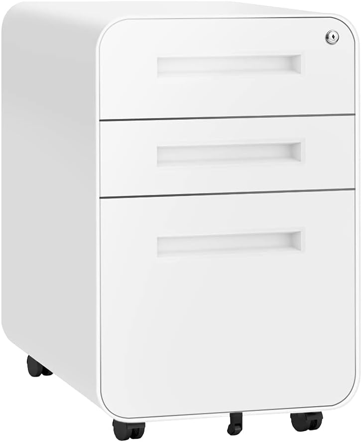 White 3 Drawer File Cabinet with Lock and Wheels I766