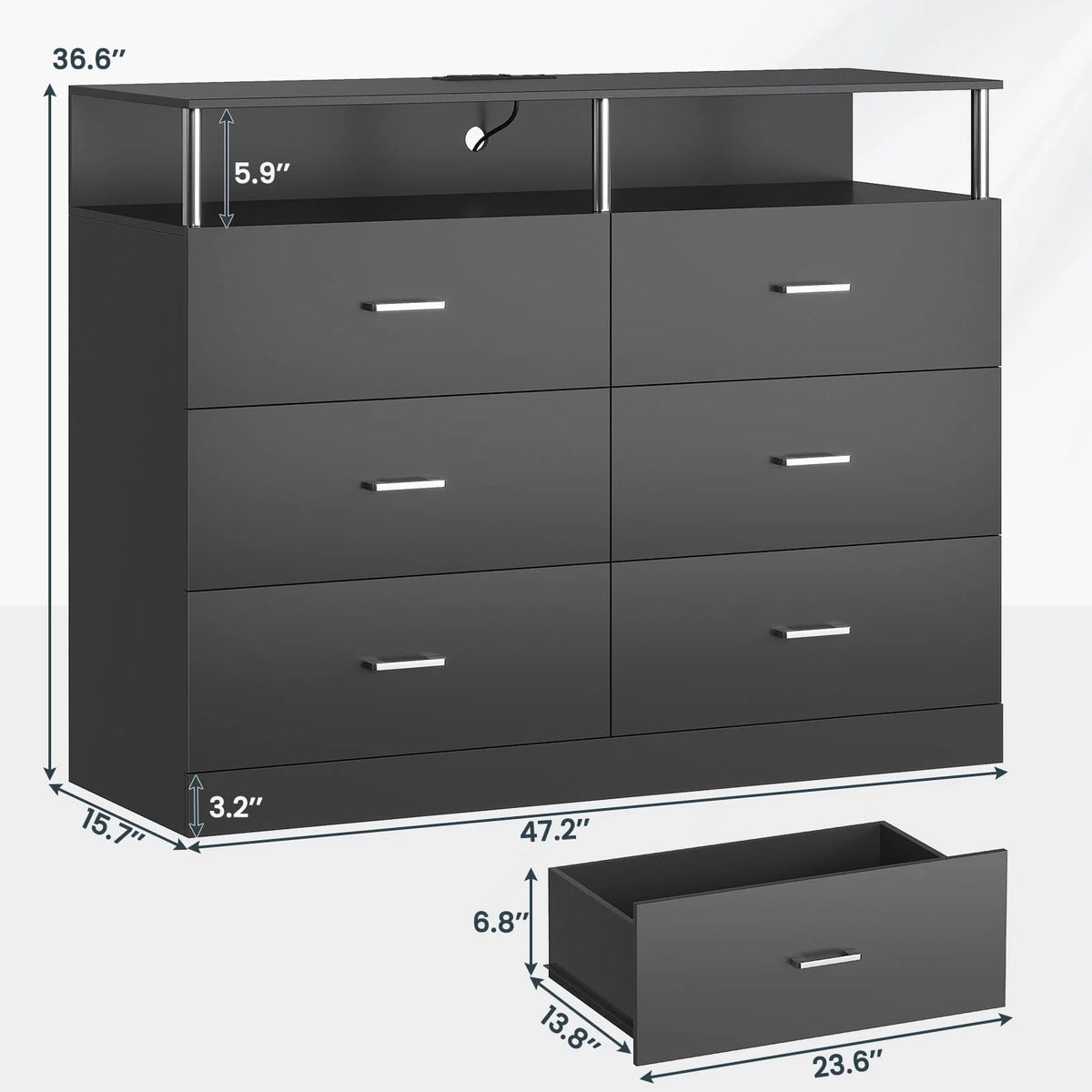 Black 6 Drawer Dresser with Charging Station F3287