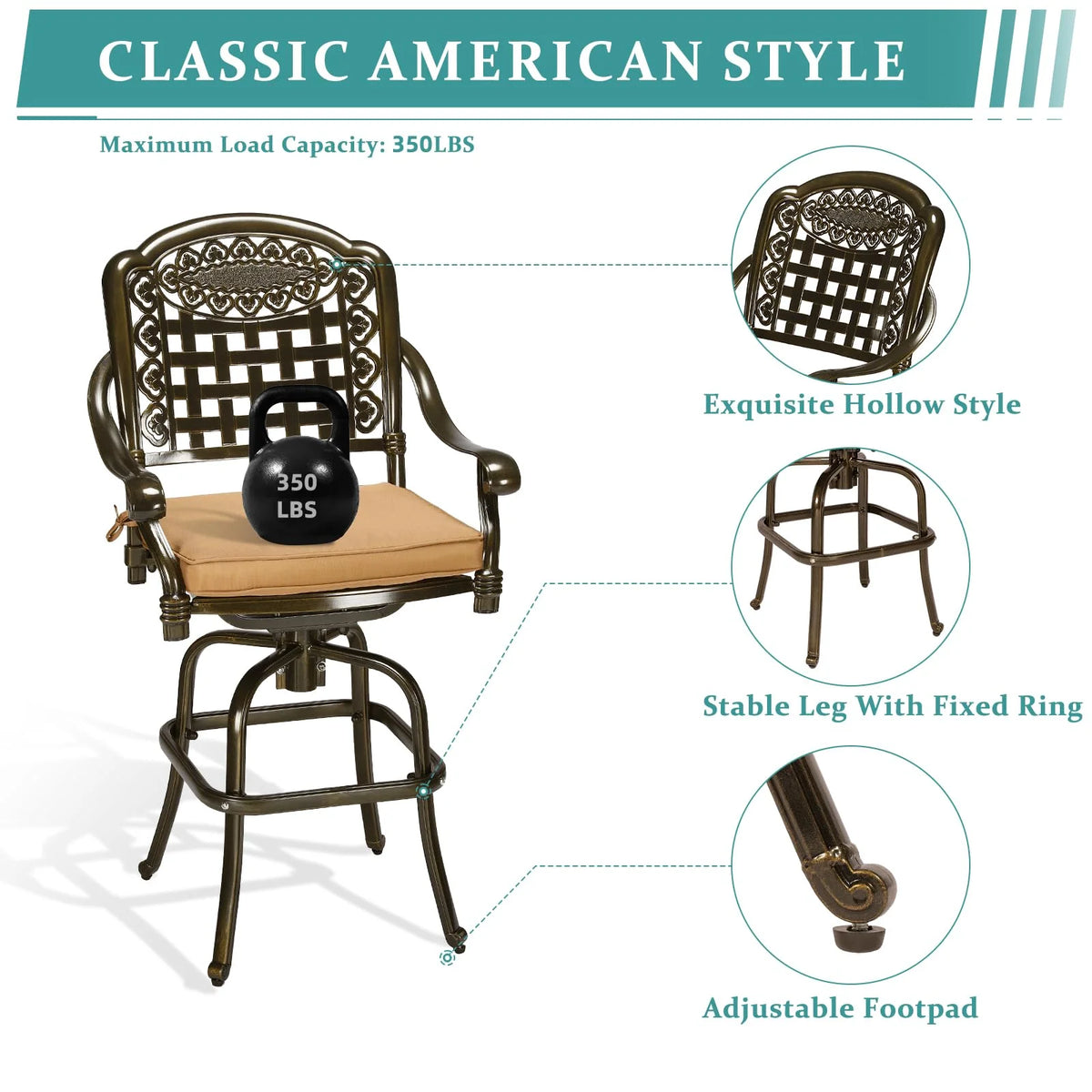 2 Piece Cast Aluminum Swivel Bar Stools with Cushions J60275