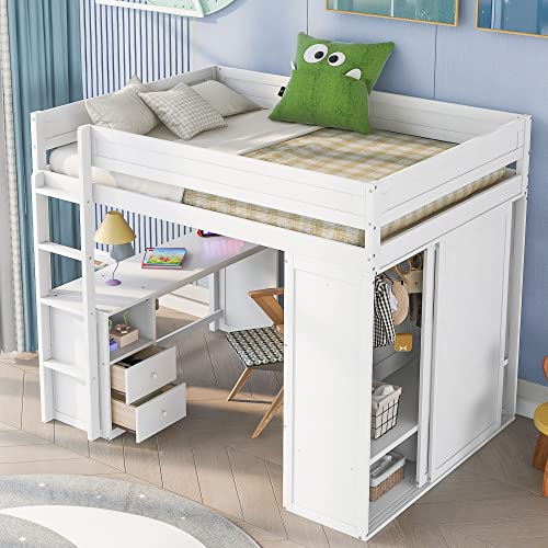 White Wooden Loft Bed with Storage Wardrobe and Desk K213