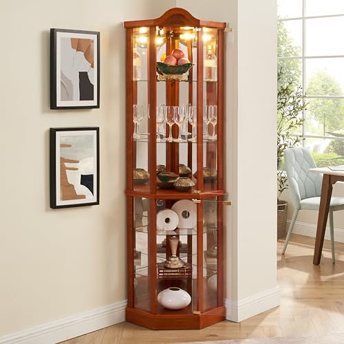 Oak Lighted Wooden Corner Display Curio Cabinet with Tempered Glass Doors C42961