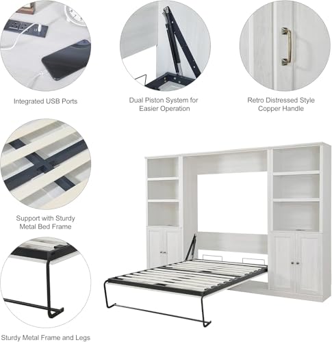 Queen Size White Wood Murphy Bed with Storage Bookcase Shelves S723507