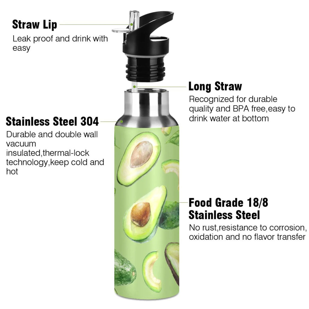 Green Avocado Fruit Stainless Steel Vacuum Insulated Water Bottle with Straw Lid 20 OZ G4950
