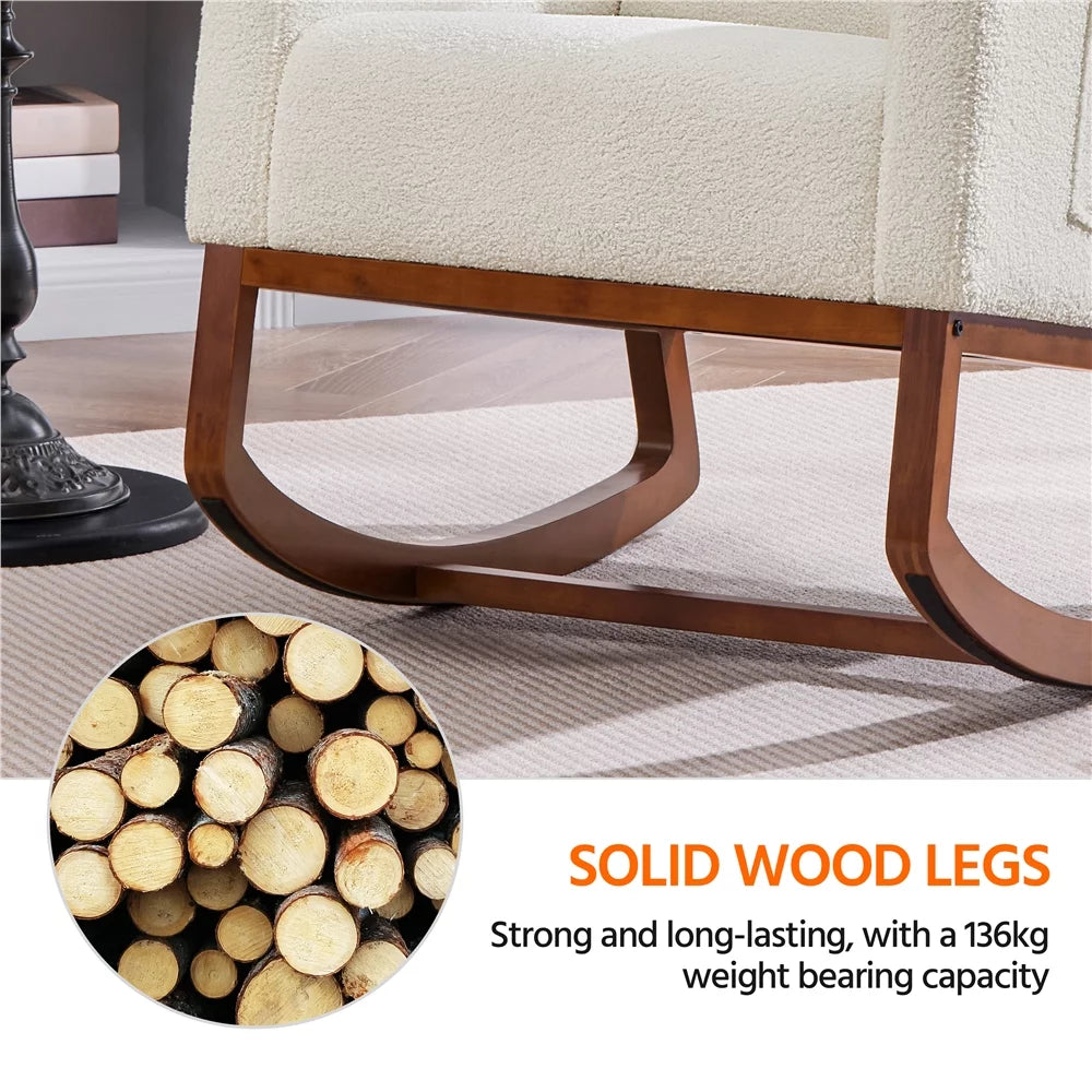 Ivory Boucle Upholstered Rocking Chair with Rubberwood Legs Q318