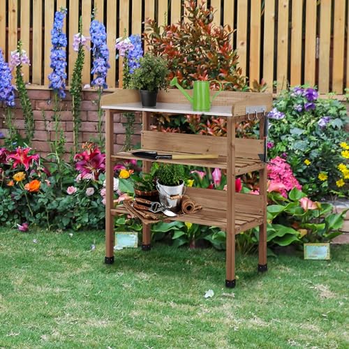 Fir Wood Potting Bench Table with 3 Tier Shelves F4750