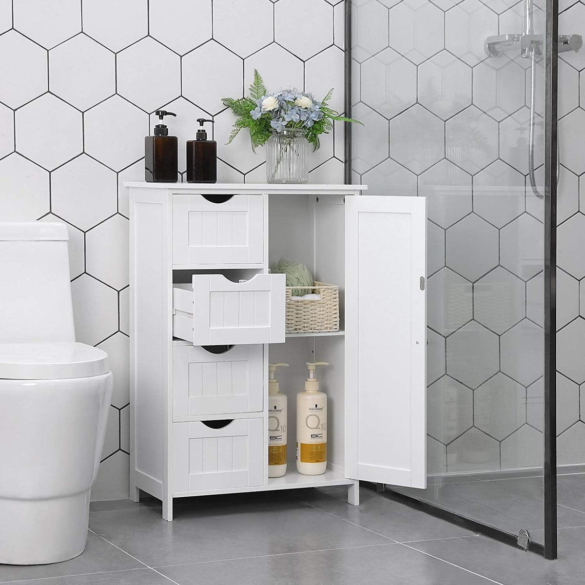 White Wooden Floor Storage Cabinet with 1 Door & 4 Drawer O1828