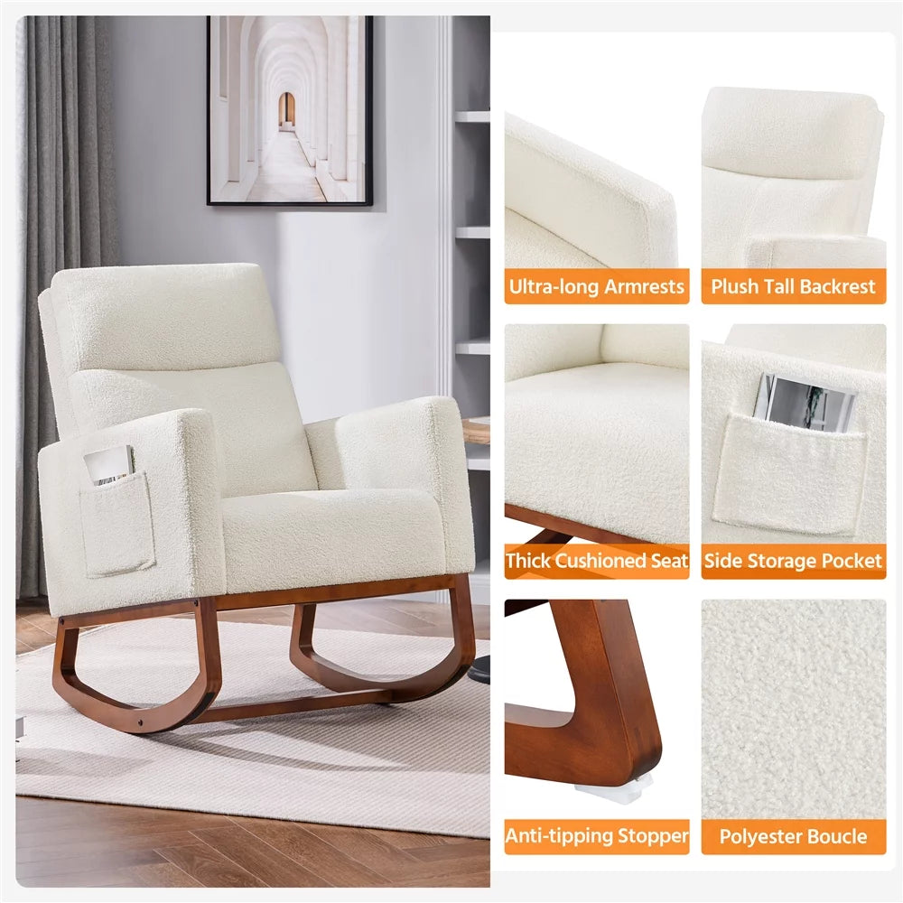 Ivory Boucle Upholstered Rocking Chair with Rubberwood Legs Q318