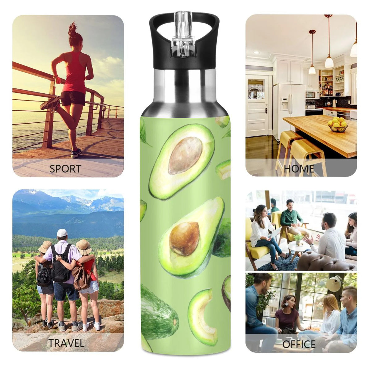 Green Avocado Fruit Stainless Steel Vacuum Insulated Water Bottle with Straw Lid 20 OZ G4950