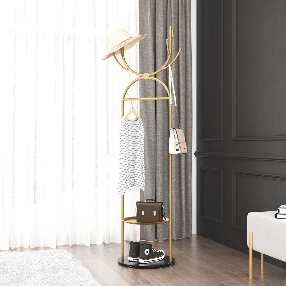 Metal Coat Rack Stand with Shelves and Hooks, Marble Base P792179