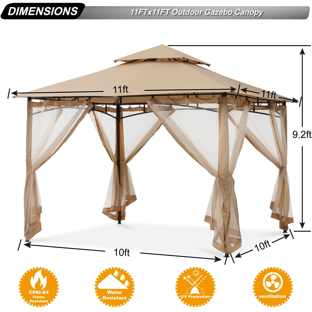 11'x11' Khaki Patio Gazebo with Mosquito Netting V658842
