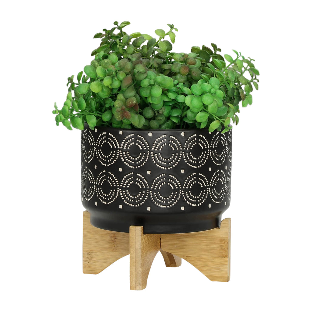 Black Round Ceramic Swirl Planter On Stand E9436