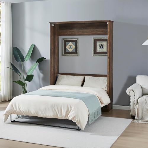 Queen Size White Wood Murphy Bed with Storage Bookcase Shelves S723507