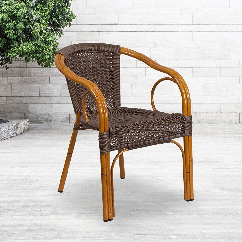 Dark Red Bamboo-Aluminum Indoor-Outdoor Restaurant-Patio Chair with Brown Rattan B328537