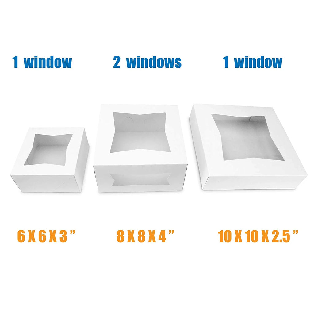 [25 Pack] White Cardboard Pie Box with Window 10x10x2.5" T434