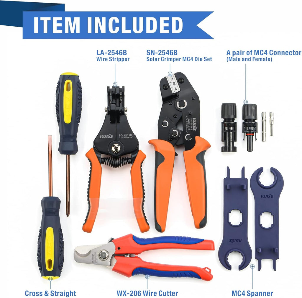 Solar PV Cable Crimping Tool Kit with Stripper, Cutter, Spanner and Connectors D857