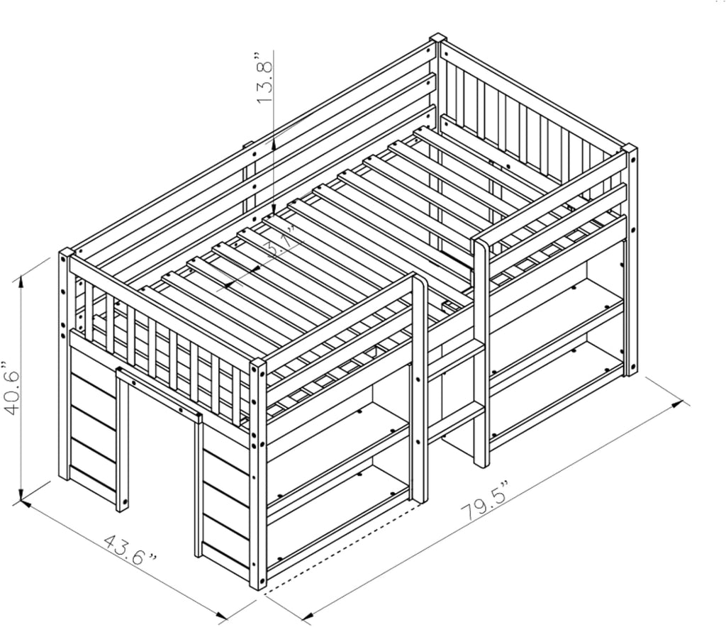 Grey LED Twin Low Loft Bed with Storage Shelves W1838