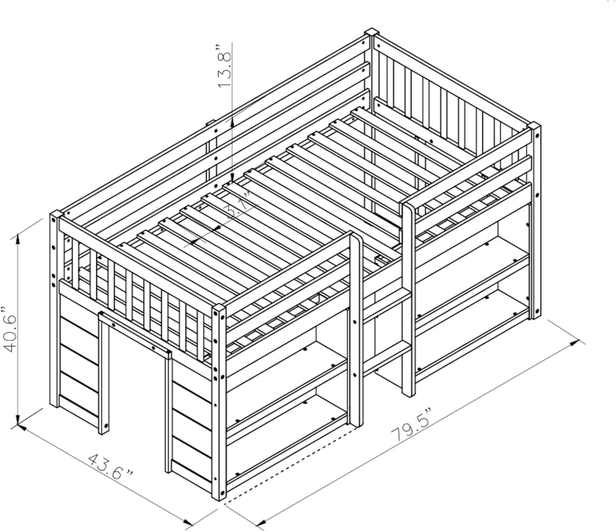 Grey LED Twin Low Loft Bed with Storage Shelves W1838
