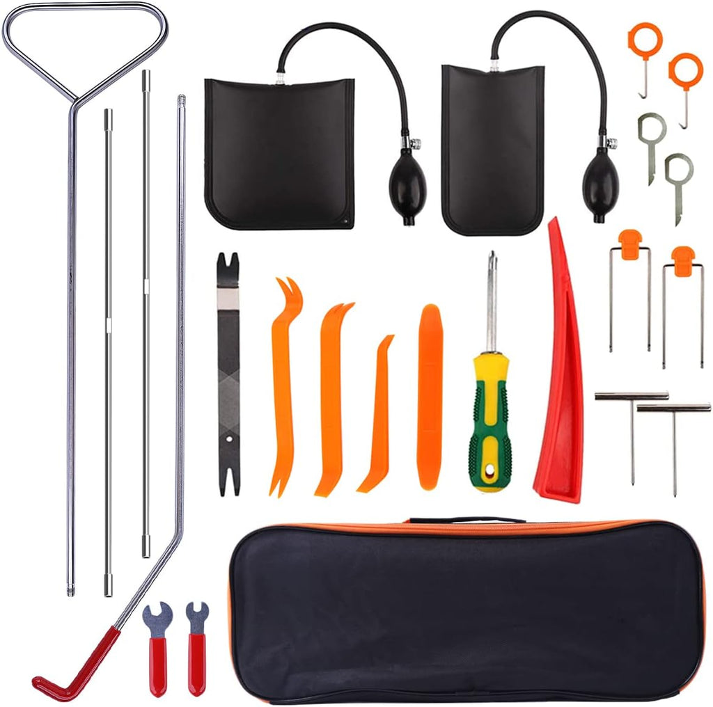 24 PC Car Tool Kit with Non Marring Wedge Air Pump Bag Stainless Steel Long Reach Tools I14939